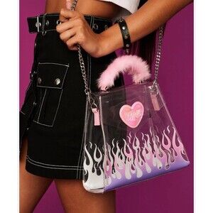 Dolls Kill X Bratz Clear Flames Crossbody Bag Chain Strap Pink Fuzzy Handles